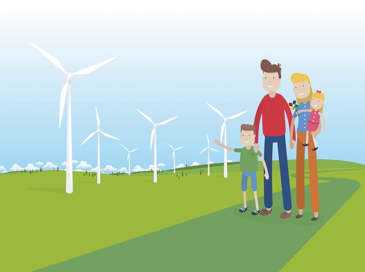Cartoon family looking at a wind farm